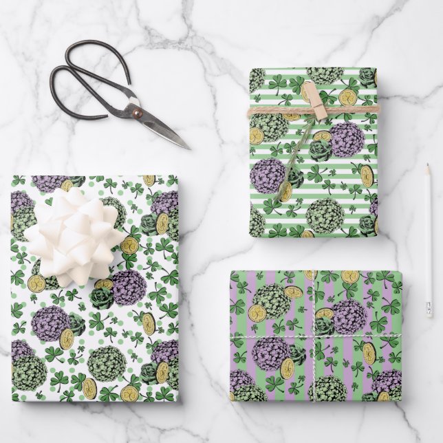 Festive Floral Green Clovers Coins St Patricks Day Wrapping Paper Sheet (Front)