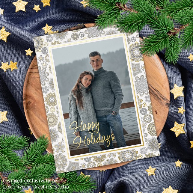 Festive Floral Mandala Snow Flakes Pattern Gold Foil Holiday Postcard (Creator Uploaded)