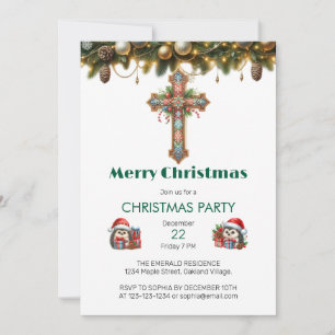Festive Floral Pattern Cross Christmas Invitation