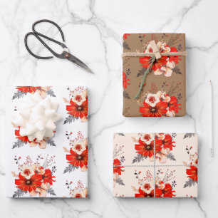 Festive Floral Pattern Red Cream Gold Christmas Wrapping Paper Sheet