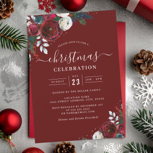 Festive Floral Red Christmas Party  Invitation