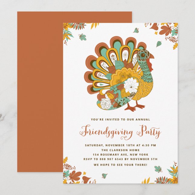 Festive Floral Turkey Friendsgiving Party Invitation (Front/Back)