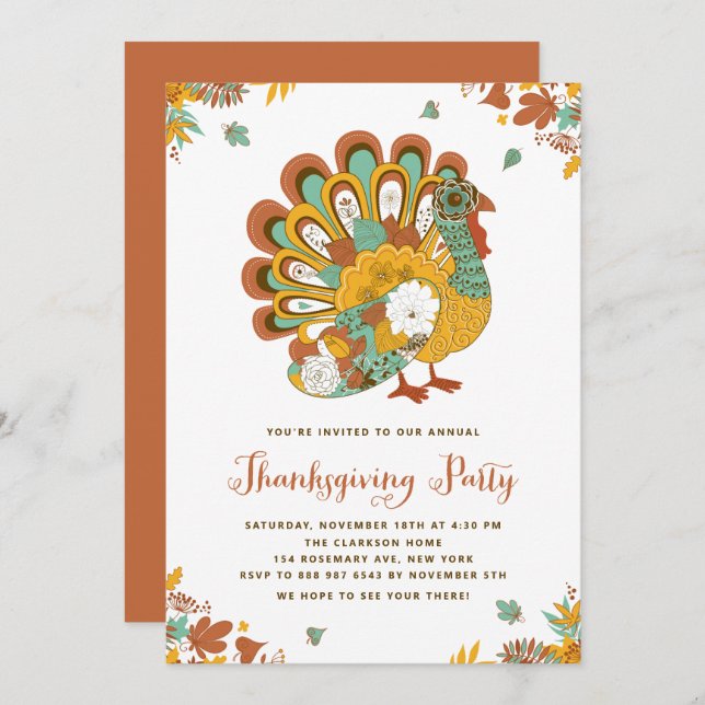 Festive Floral Turkey Thanksgiving Party Invitation (Front/Back)