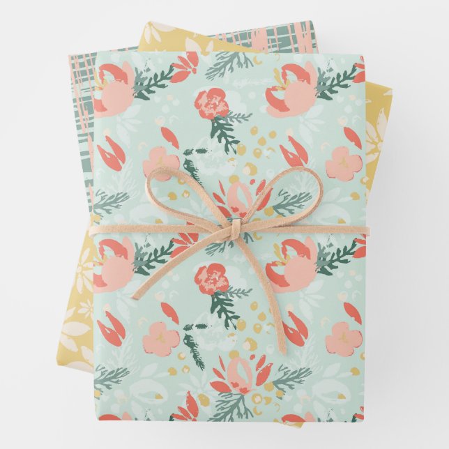 Festive Floral Wrapping Paper Flat Sheet Set of 3 (In situ)