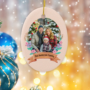 Festive Floral Wreath Christmas Baby Pink Photo Ceramic Ornament