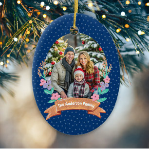 Festive Floral Wreath Christmas Navy Photo Ceramic Ornament