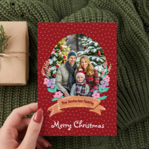 Festive Floral Wreath Christmas Red Photo Holiday Card