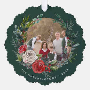Festive Floral Wreath Photo Ornament Card