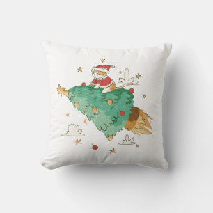 Festive Flying Christmas Tree Santa Cat  Throw Pillow