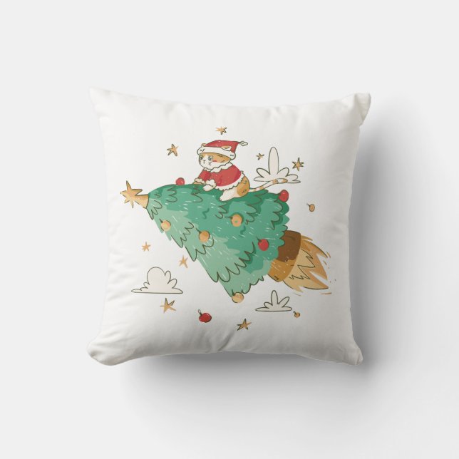 Festive Flying Christmas Tree Santa Cat  Throw Pillow (Front)