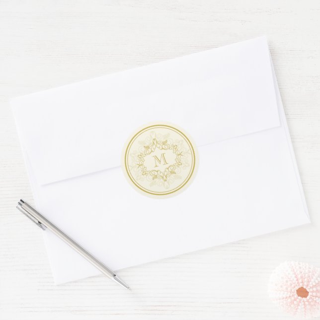Festive Foliage Deco Frame Monogram Classy Holiday Classic Round Sticker (Envelope)