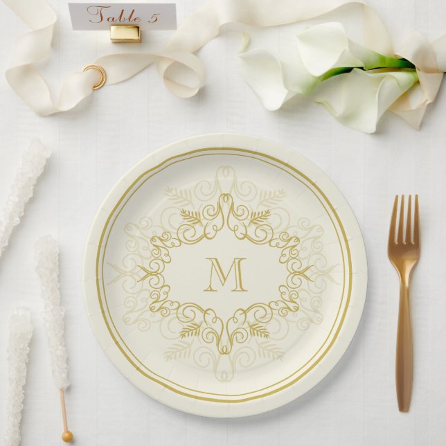 Festive Foliage Deco Frame Monogram Classy Holiday Paper Plate (Wedding)