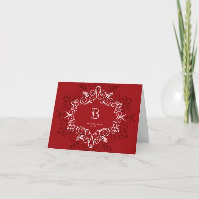 Festive Foliage Deco Monogram Holiday Note Card (Front)