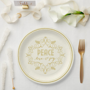 Festive Foliage Deco Peace Love Joy Holiday Party Paper Plate