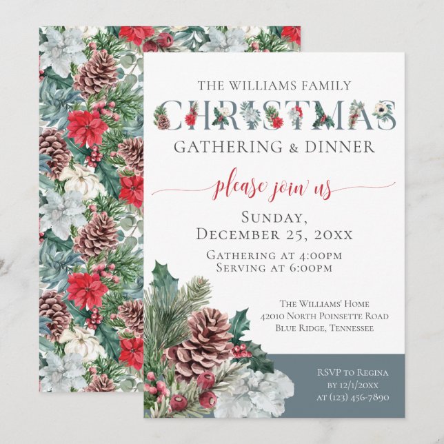 Festive Foliage Family Christmas Dinner Invitation (Front/Back)