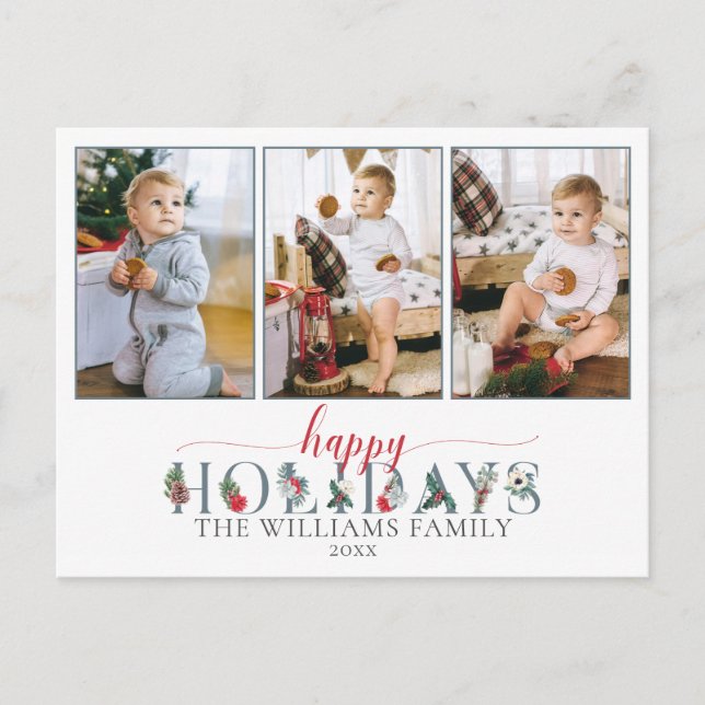 Festive Foliage Happy Holidays Floral 3-Photo Postcard (Front)