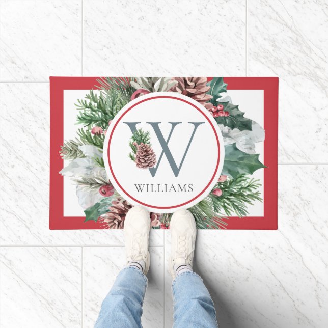 Festive Foliage Holiday Floral Initial Family Name Doormat (Indoor)