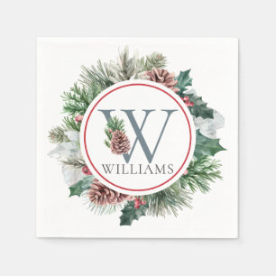 Festive Foliage Holiday Monogram Initial Dinner Napkin