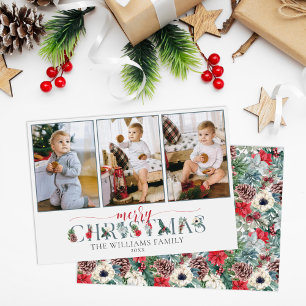 Festive Foliage Merry Christmas Floral 3-Photo Card