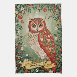 Festive Foliage Owl Personalised Kitchen Towel