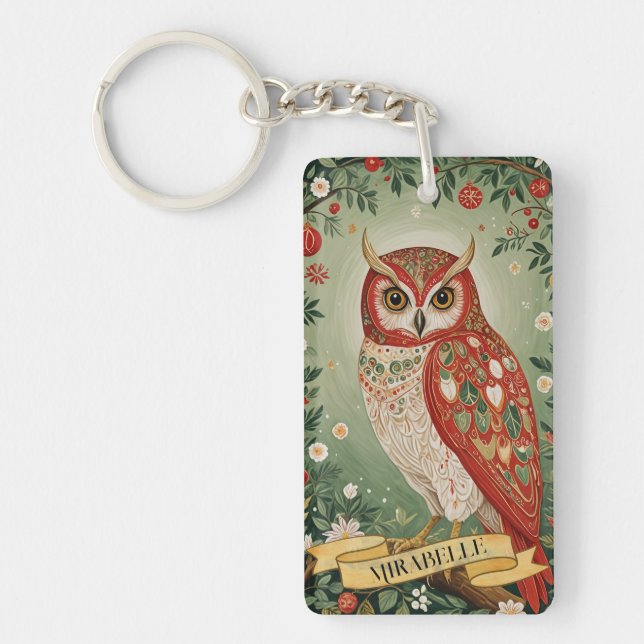 Festive Foliage Owl Personalized Keychain (Front)