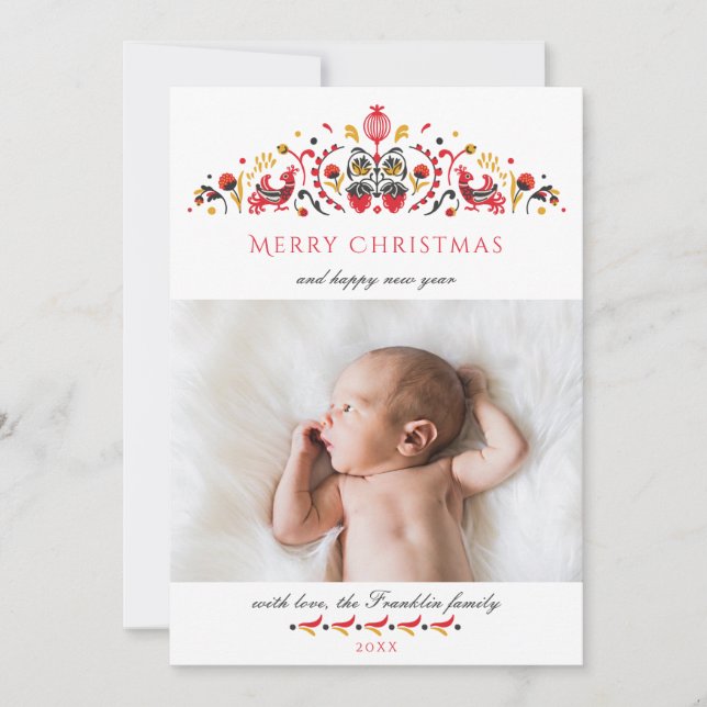 Festive Folk Art Christmas Photo Holiday Card (Front)