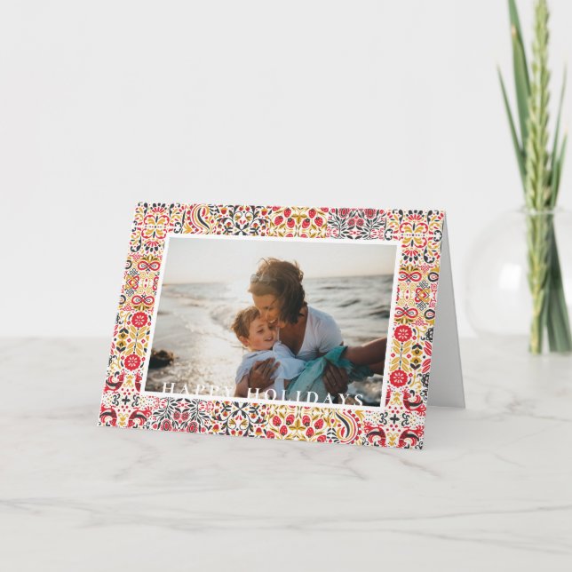 Festive Folk Art Tile Frame Holiday Photo Card (Front)