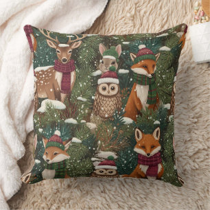 Festive Forest Creatures in Green Throw Pillow