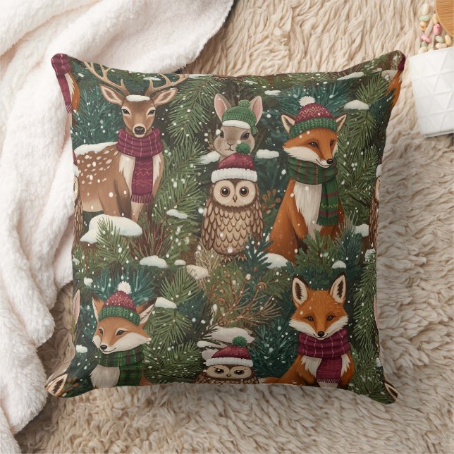 Festive Forest Creatures in Green Throw Pillow (Blanket)