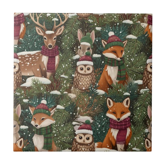 Festive Forest Creatures in Green Tile (Front)