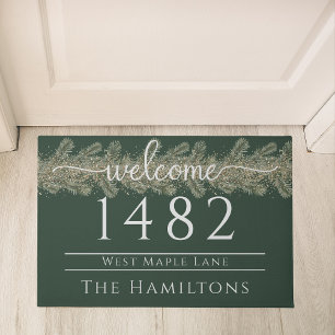 Festive forest green family name custom address doormat