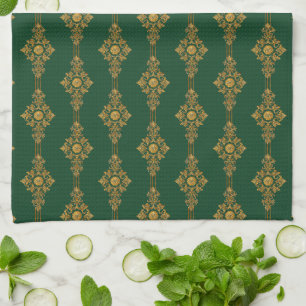 Festive Forest Green Gold Medallion Kitchen Towel