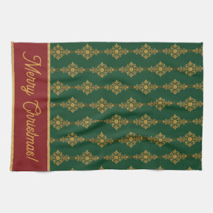 Festive Forest Green Gold Red Personalized Kitchen Towel
