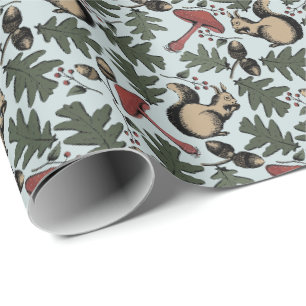 Festive Forest Squirrels, Acorns & Mushrooms Blue Wrapping Paper
