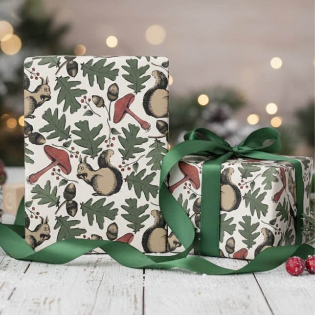 Festive Forest Squirrels, Acorns & Mushrooms Ivory Wrapping Paper (Cute Forest Winter Squirrels & Leaves Woodland Wrapping Paper for Nature or Wild Animals Lover. )