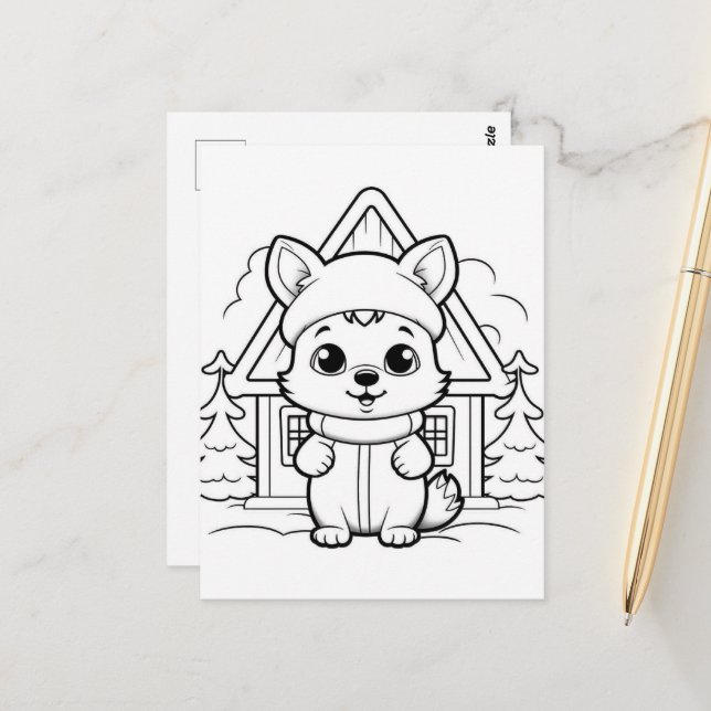 Festive fox kids colouring  postcard (Front/Back In Situ)