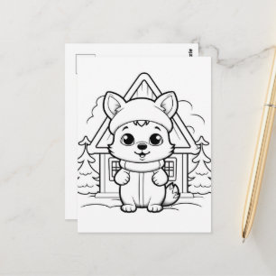 Festive fox kids colouring postcard