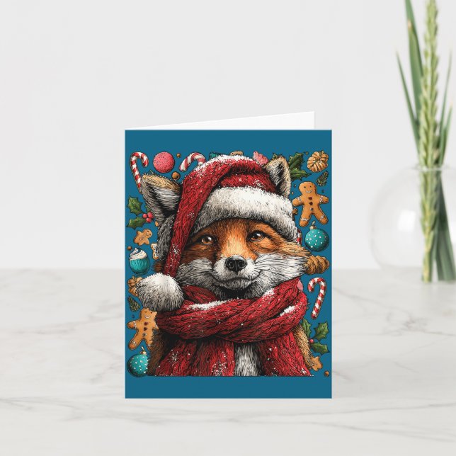 Festive Fox With Snow Santa Hat Winter Christmas A Card (Front)