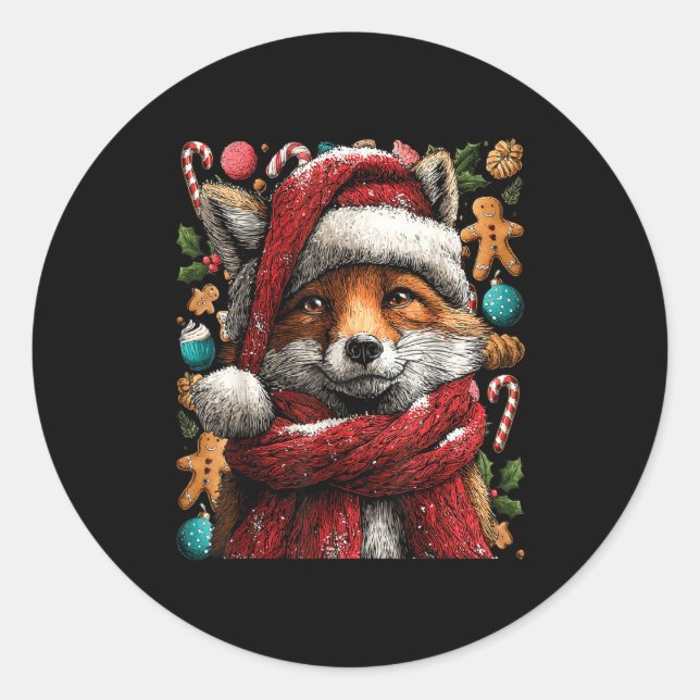 Festive Fox With Snow Santa Hat Winter Christmas A Classic Round Sticker (Front)