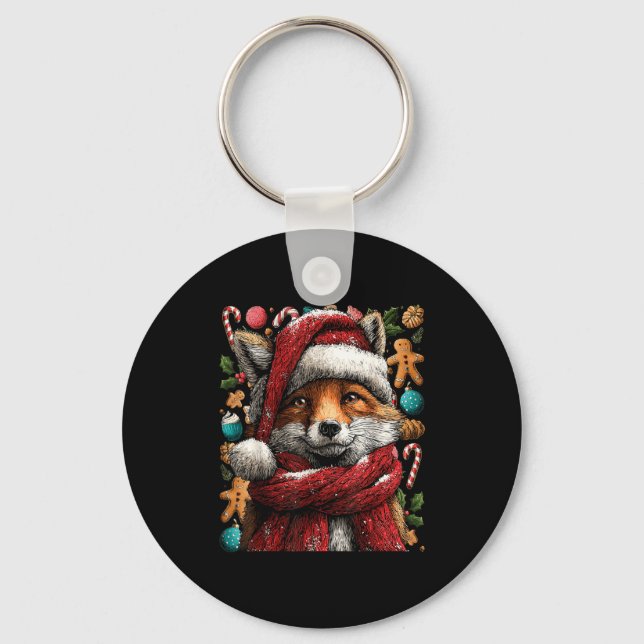 Festive Fox With Snow Santa Hat Winter Christmas A Keychain (Front)