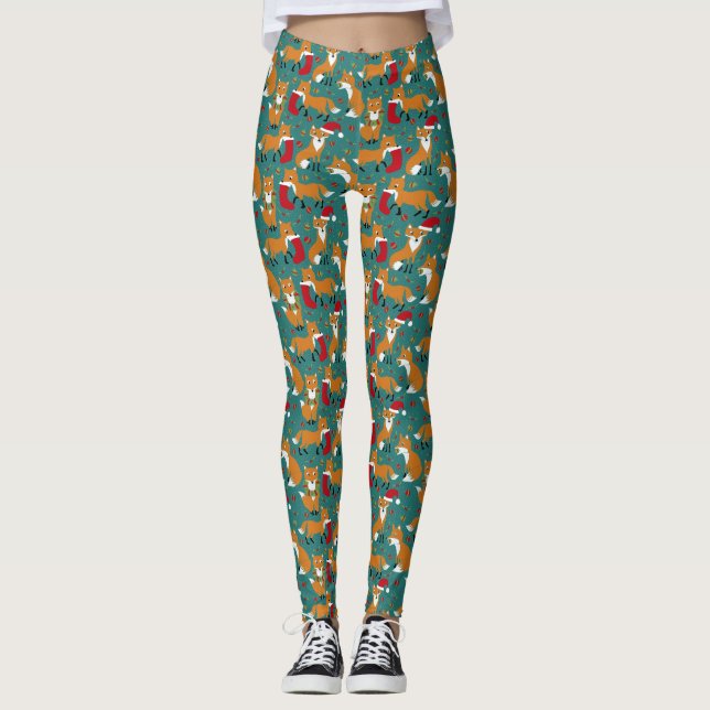 Festive Foxes Cute Patterned Christmas Leggings (Front)