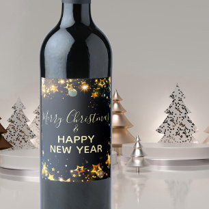 Festive Frame With Gold Stars Bokeh and Sparkles  Wine Label