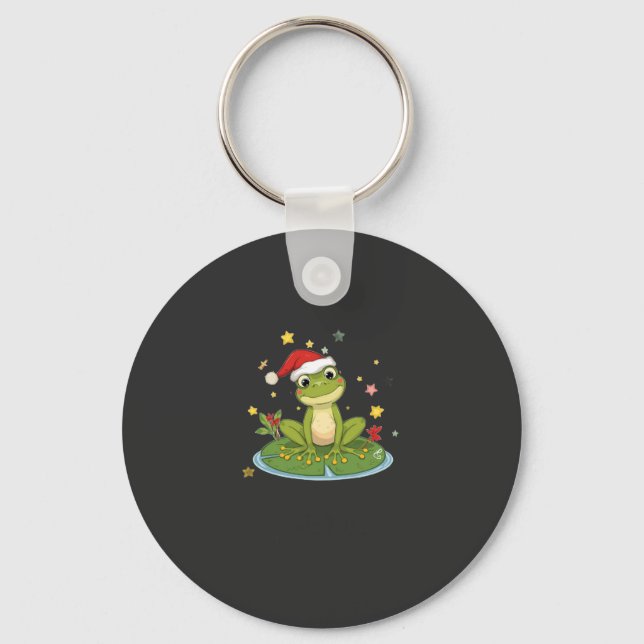 Festive Frog Joy - Cute Christmas Frog on Lily Pad Keychain (Front)