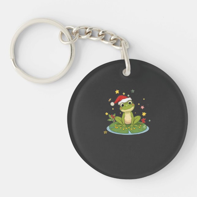 Festive Frog Joy - Cute Christmas Frog on Lily Pad Keychain (Front)