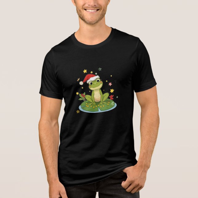 Festive Frog Joy - Cute Christmas Frog on Lily Pad Tri-Blend Shirt (Front)