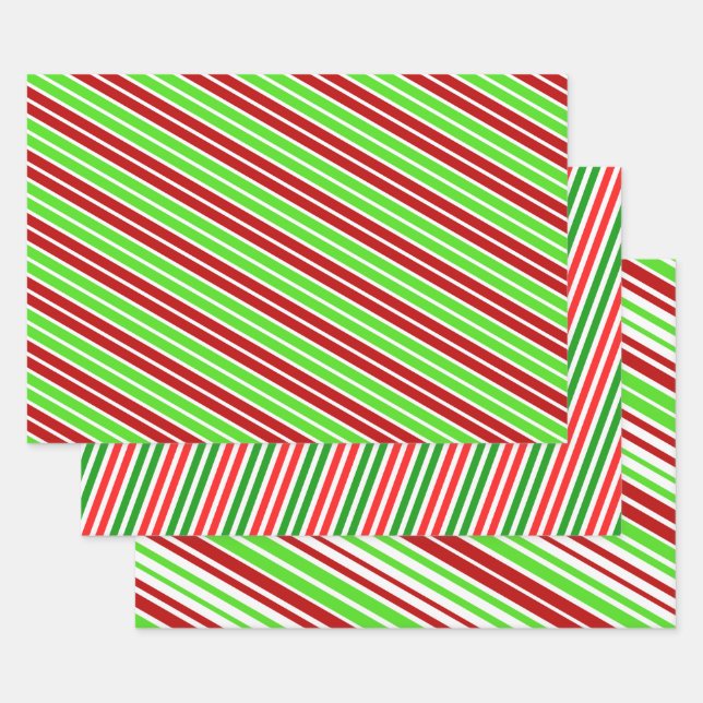 Festive & Fun Christmas Colors Striped Pattern Wrapping Paper Sheet (Set)