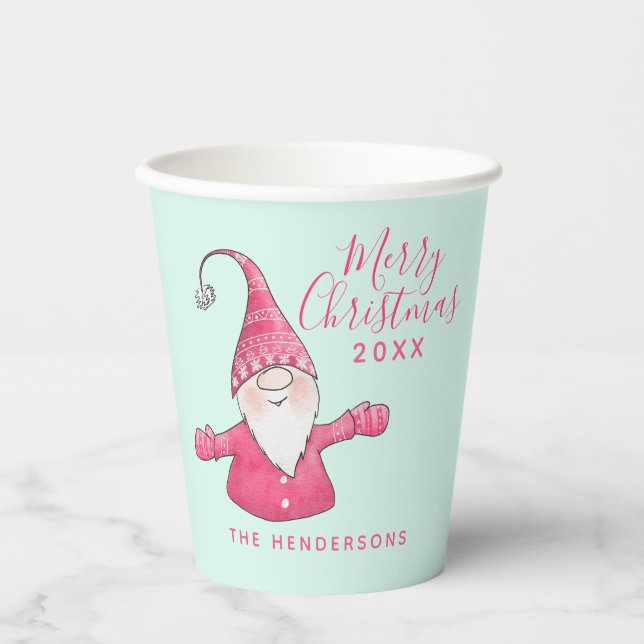Festive Fun Gnome Pink and Mint Green Christmas Paper Cups (Front)