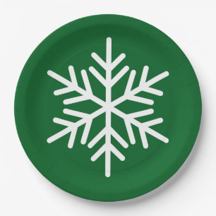 Festive Fun White Alpine Snowflake On Forest Green Paper Plate