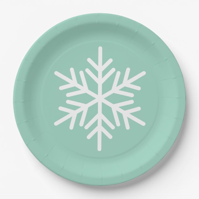Festive Fun White Alpine Snowflake On Light Teal Paper Plate (Front)