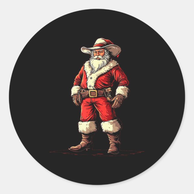 Festive Fun With A Christmas Cowboy As Santa Claus Classic Round Sticker (Front)